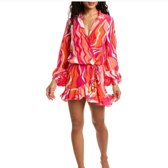 Rococo Sand Dresses & Skirts - Rococo Sand Emily Mini Wrap Dress XS Tassels Ruffles Pink/Orange Swirl Print